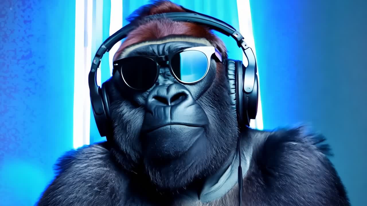 Ein Gorilla mit Sonnenbrille und Kopfhörern