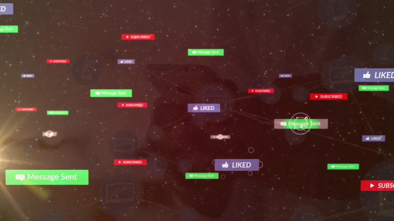 Animation of network of connections with media icons over caucasian man using smartphone