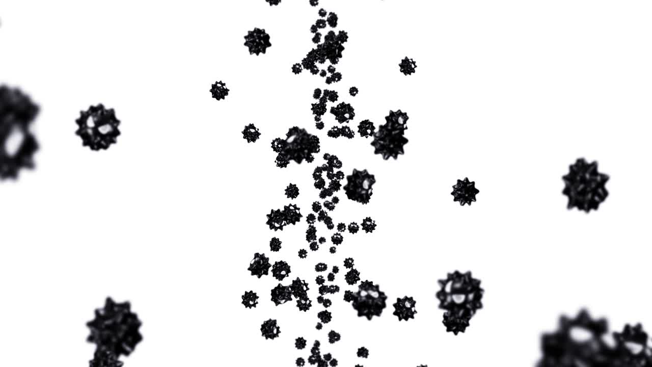 Molti virus volanti in stile cartone animato su sfondo bianco. Concetto medico. Mascotte divertente di un virus nero con espressione arrabbiata. Animazione 3D in loop