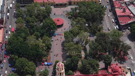 aerial drone view of the coyoacan kiosk, a tourist attraction in mexico city