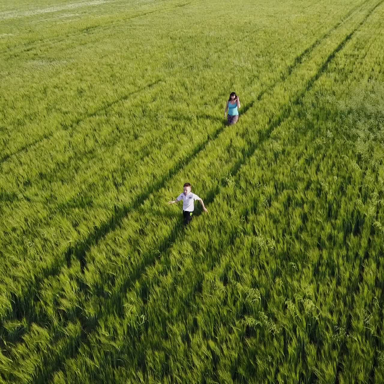 Small Family Walking In Field