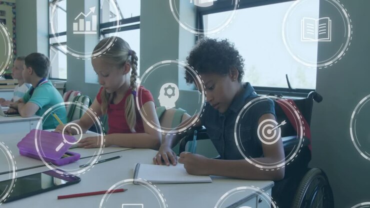 Girl in wheelchair reaching for tablet, writing as HUD classroom icons rising and showing ideas