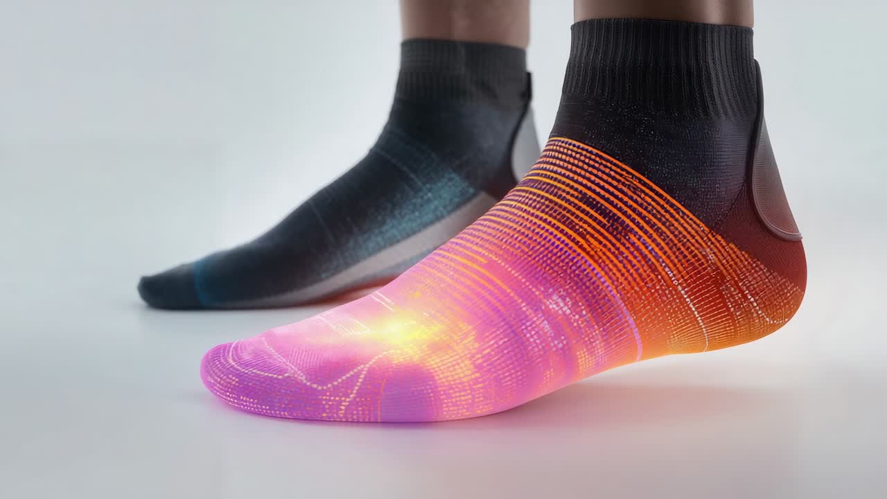 Animating adult feet wearing multicolor right sock as frames progress in studio, showing heat map