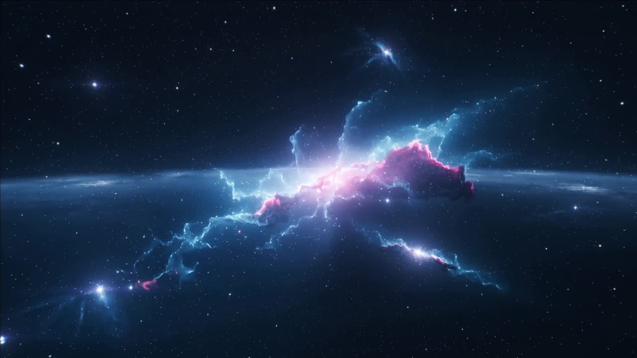 Uzayda nabız gibi atan nebulayı, parlayan pembe çekirdeği, bant boyunca uzanan mavi kolları ve parlayan yıldızı gösteren kareler.