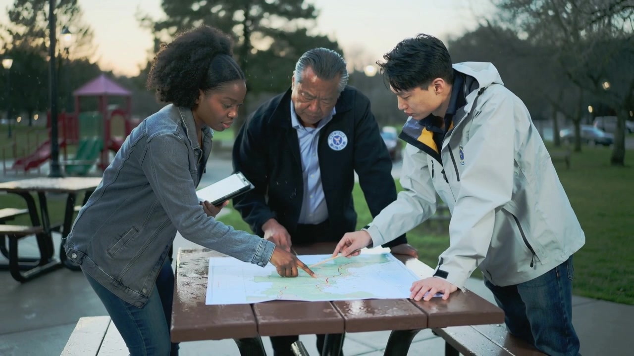 Placing map on damp park picnic table, three staff leaning pointing, planning route