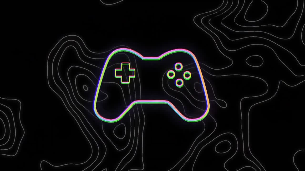 animazione di un pad di videogiochi al neon con disegno su sfondo scuro