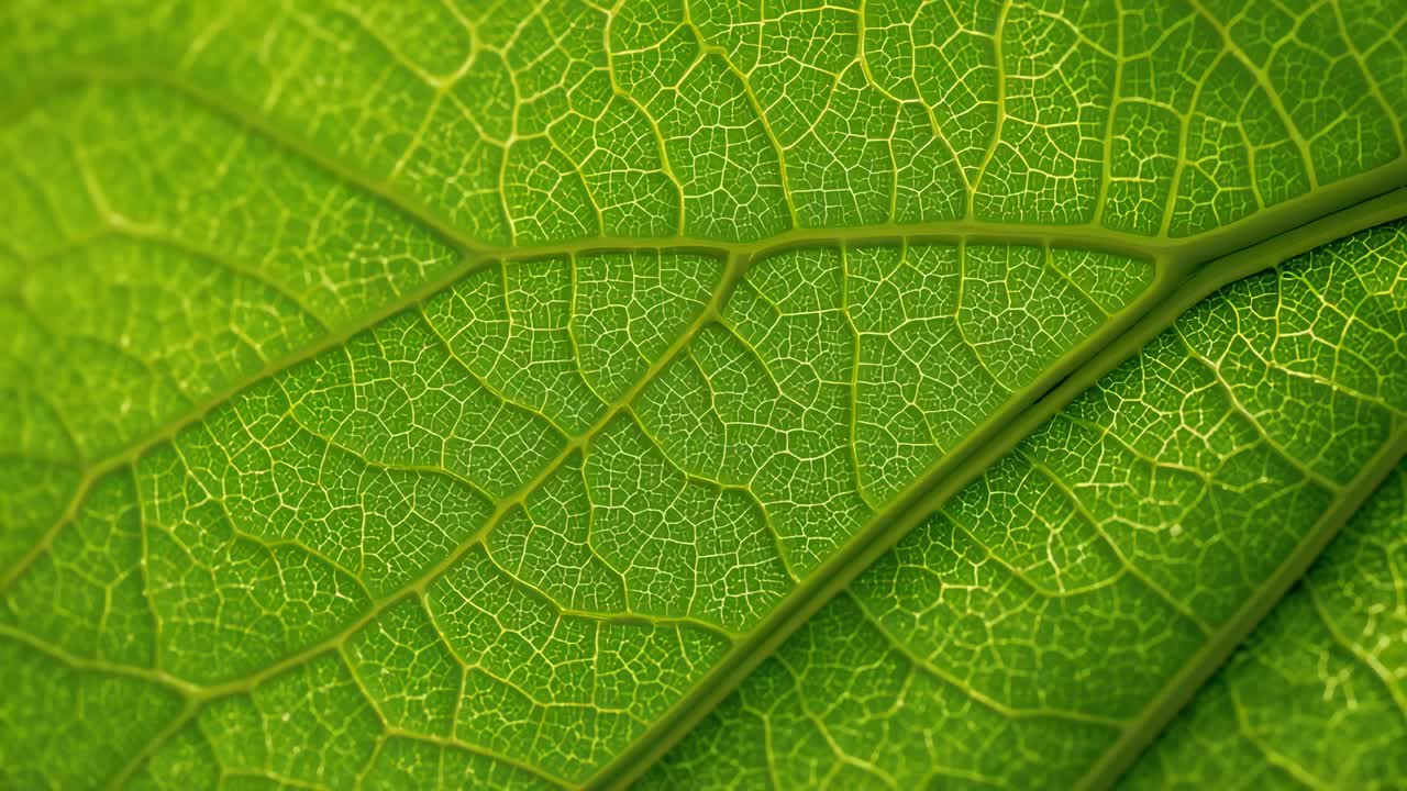 Shifting macro camera revealing single green leaf primary vein and fine venation in backlit garden