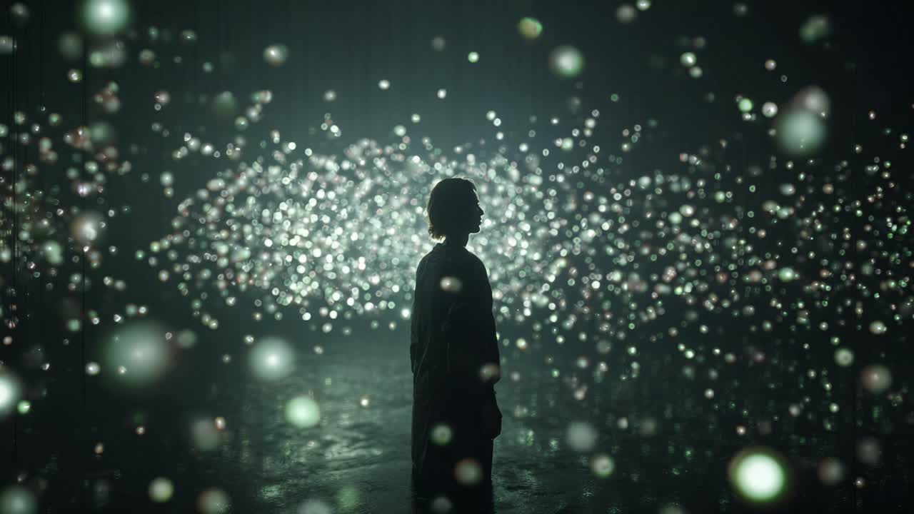 Person silhouette gazing at an interactive light art installation with glowing bokeh orbs and abstract projections, creating a dreamlike, futuristic gallery atmosphere