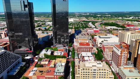 downtown fortworth push through drone shot