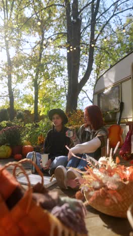 two friends enjoying autumn day outdoors