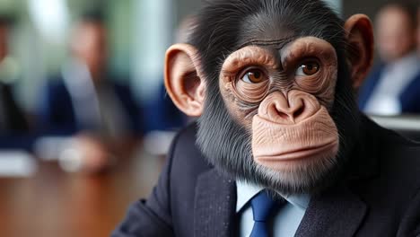 a monkey in a suit and tie sitting at a table