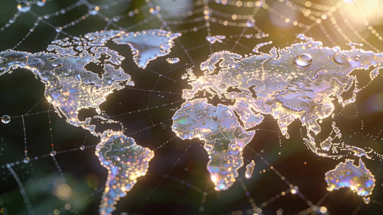 Reflecting droplets on spider silk web reacting to shifting sunlight in garden, forming world map