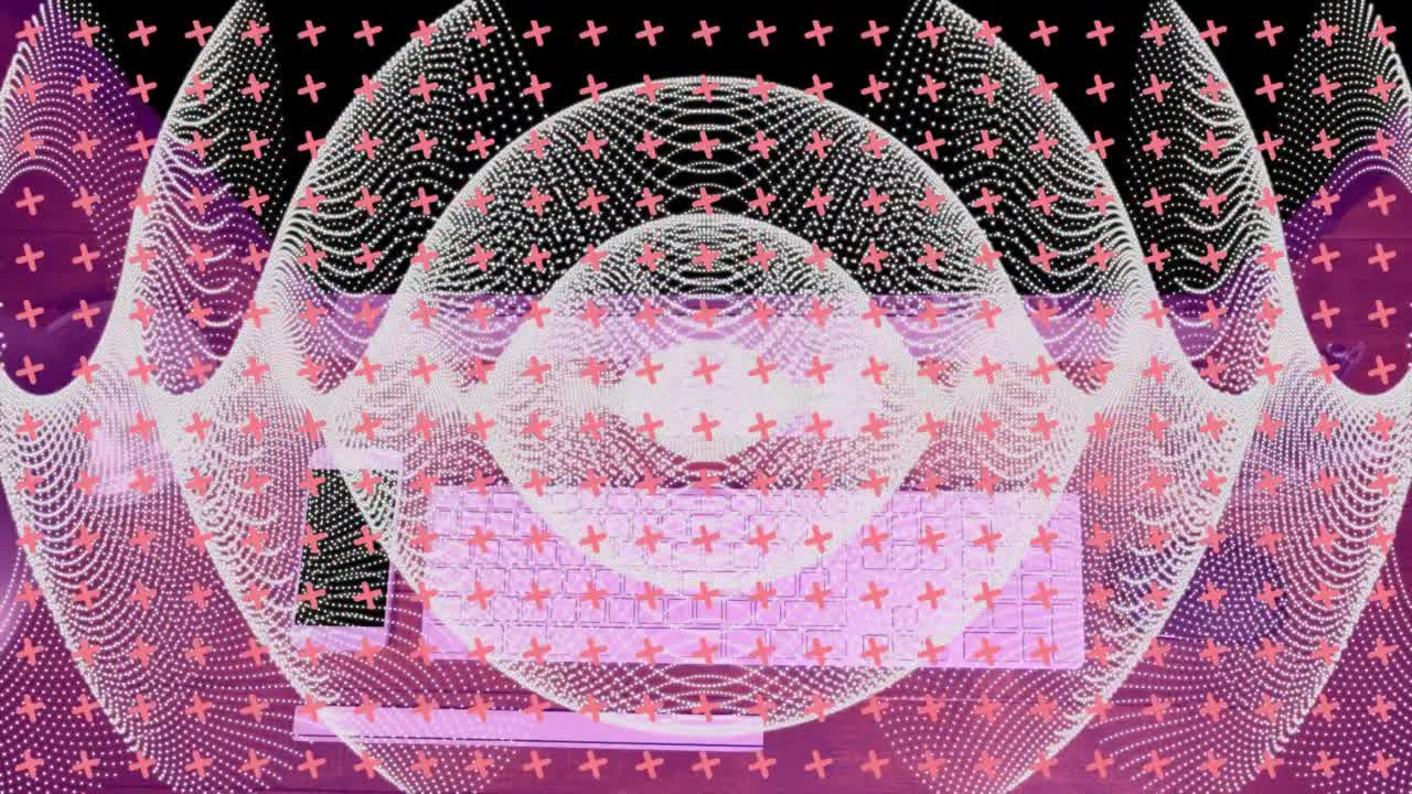 책상 에 있는 컴퓨터 위 에 분홍색 십자가 와  ⁇ 색 mesh 곡선 의 그리드 의 애니메이션