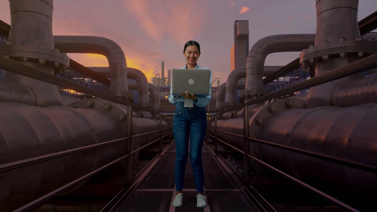 Donna asiatica a figura intera con il suo laptop, sullo sfondo di un impianto industriale con tubazioni al tramonto, sorride alla fotocamera.