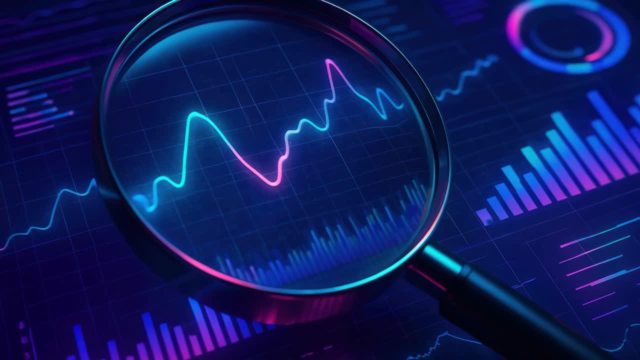 A close-up, angled view of a magnifying glass over digital graphs, highlighting data analysis