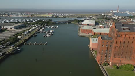 Grimsby-River-Freshney-Port-Harbour-Boats-Industrial-Cars-Aerial-View-UK