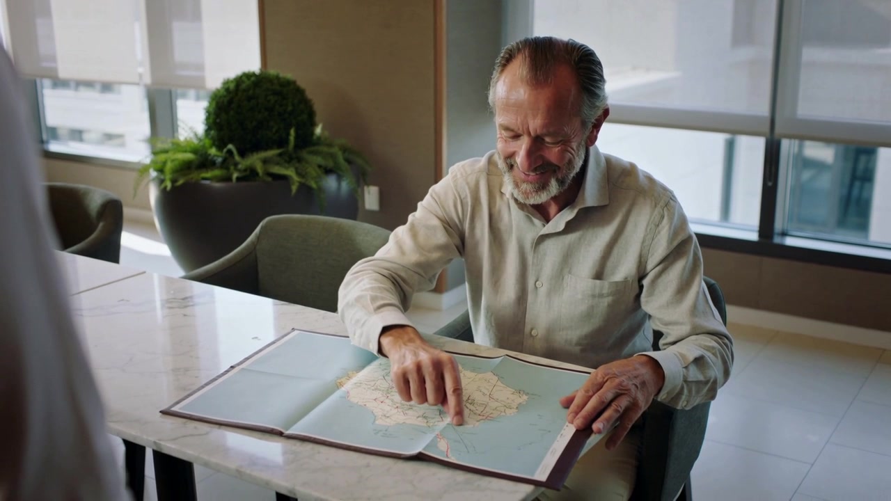 Placing map seated senior man tapping, tracing routes in lounge, wearing light shirt