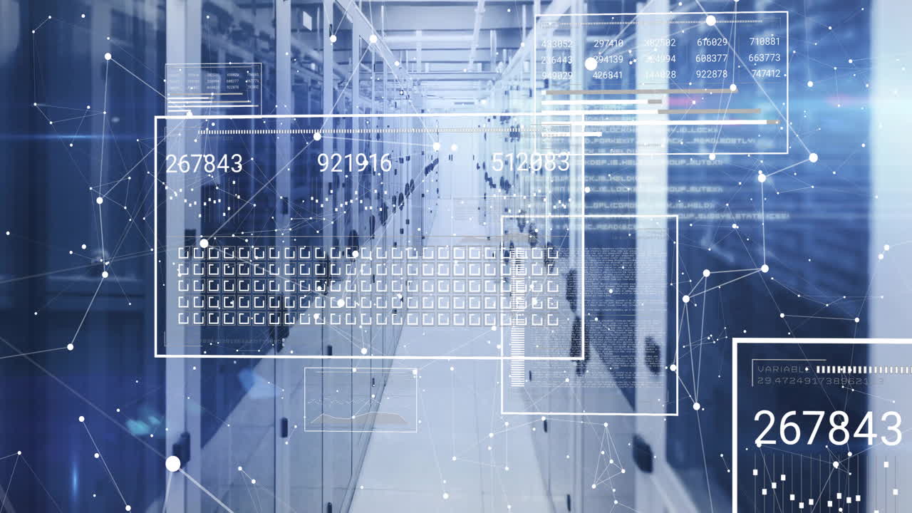 Animation of data processing and shapes over server room