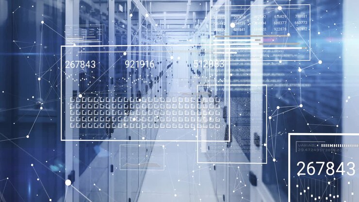 Animation of data processing and shapes over server room