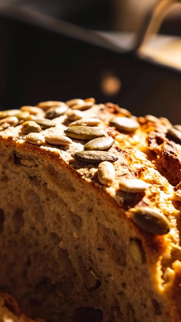 Vertical video: Panning camera revealing seeded slice in bakery, with pumpkin and sunflower seeds