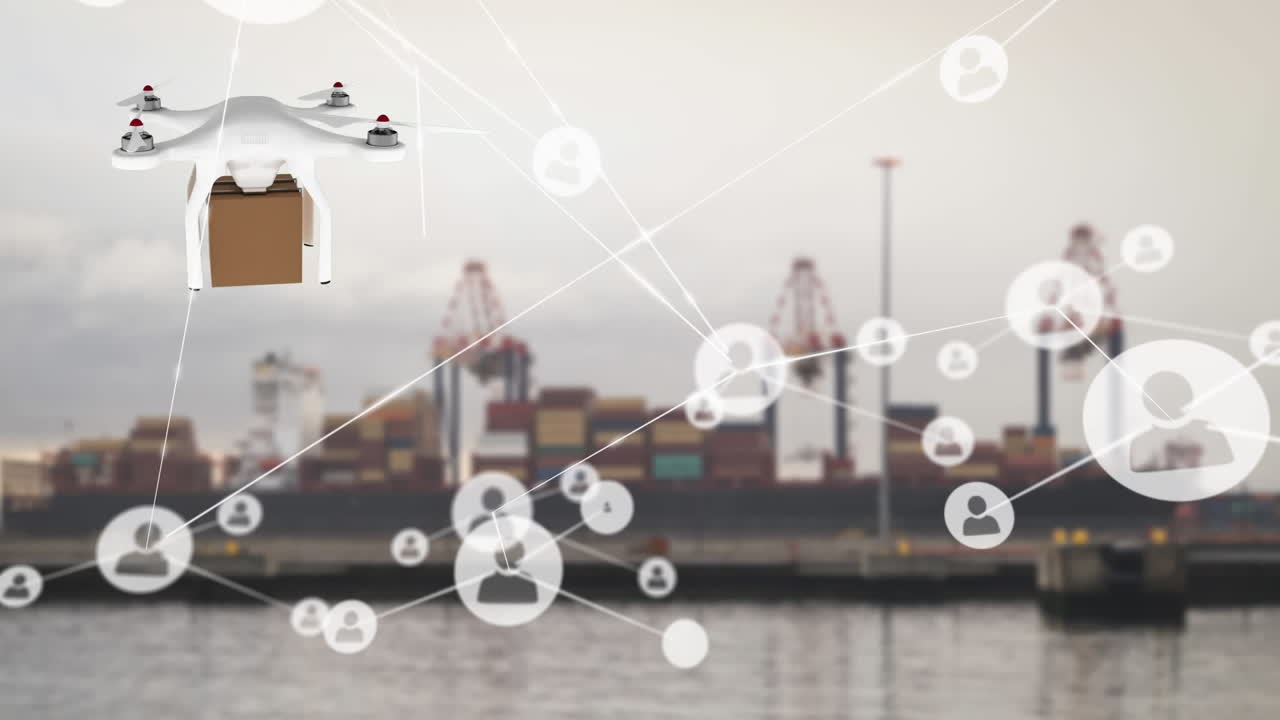 Hoạt ảnh mạng lưới kết nối với các biểu tượng trên drone giao hàng mang bưu kiện