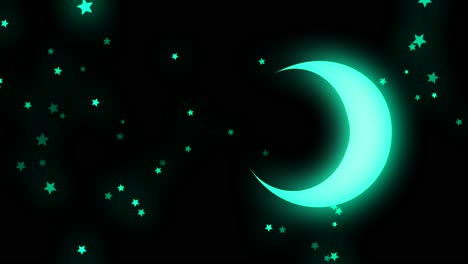 glowing turquoise crescent moon and stars