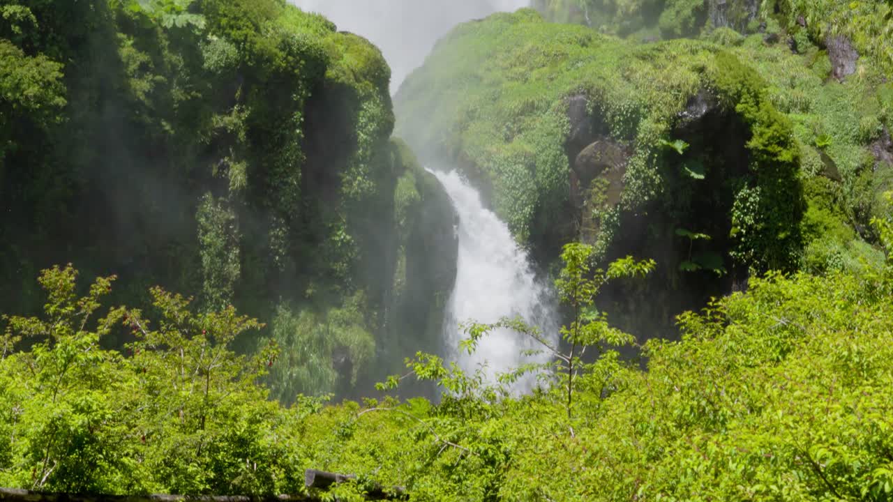 Tilt down of Salto El Leon misty waterfall falling on rocks covered in moss surrounded ny dense woods near pucon, Chile