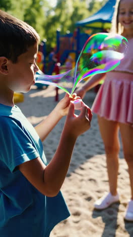 boy blowing giant soap bubbles