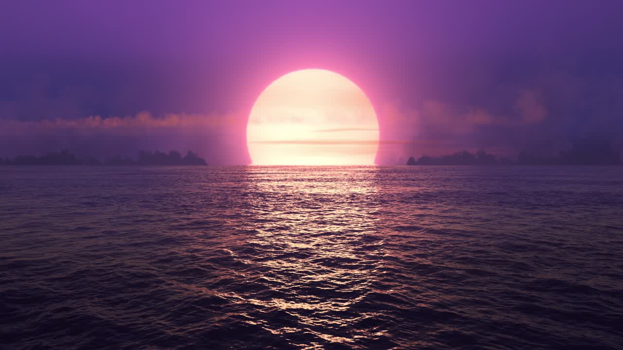 Sømløst loopet flyvning over havet ved violet solnedgang.