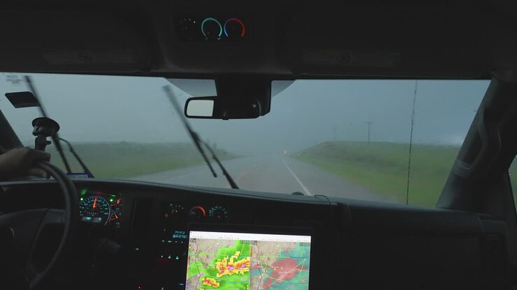 Driving Through Heavy Rain Inside View Of Storm Chaser Vehicle