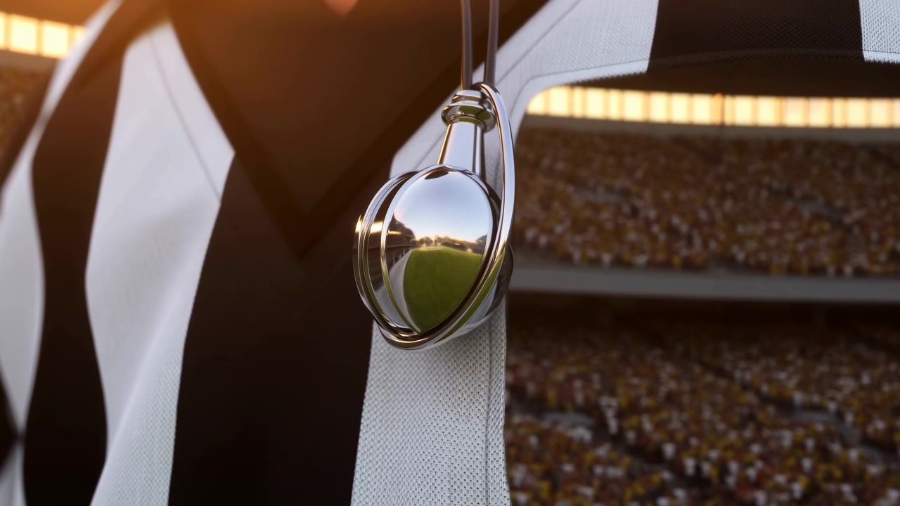 Close view of polished chrome whistle hanging from black cord over striped referee shirt, with stadium glow, warm backlight, metallic reflection, rich fabric texture, and strong sporting atmosphere