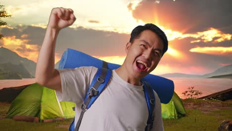 excited camper at sunrise