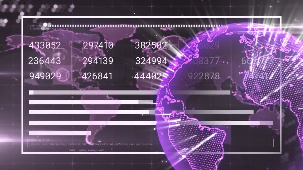 animaciones de la interfaz digital y el globo sobre fondo oscuro