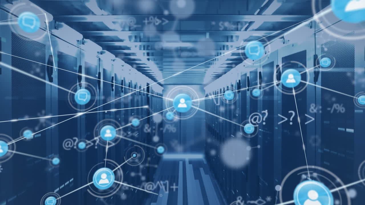 Animation of network of connections with digital icons over computer servers