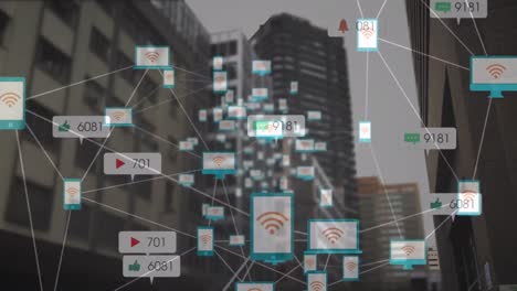 Animation-Von-Social-Media-Symbolen-Und-Netzwerk-Von-Verbindungen-Im-Stadtbild