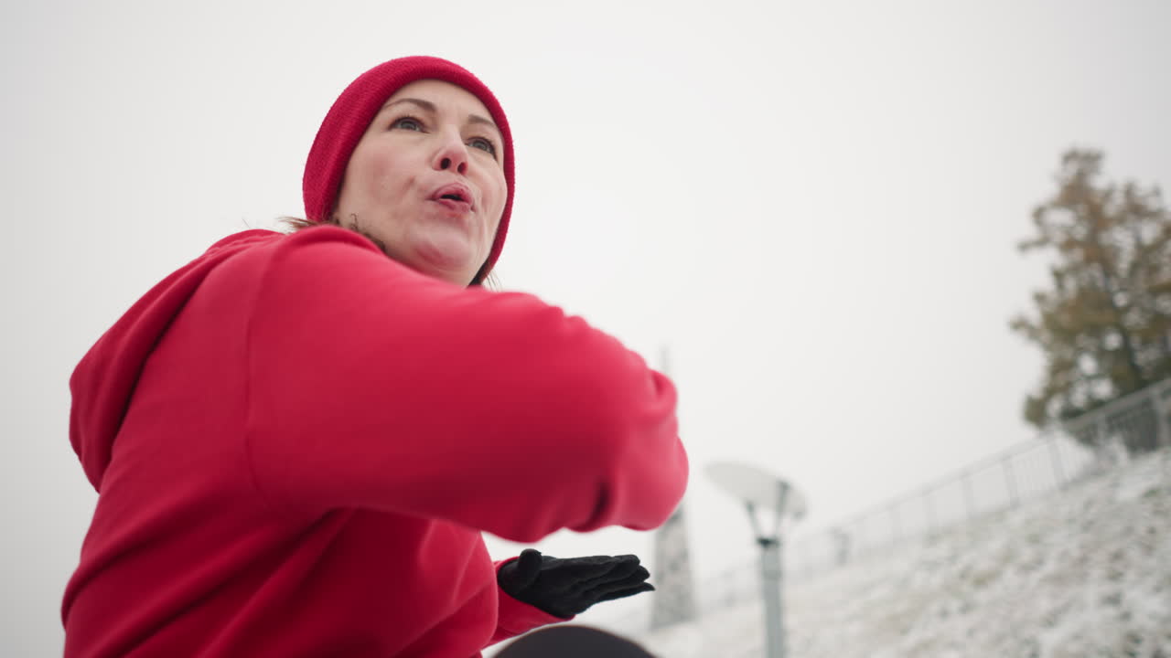 야외에서 운동하는 여자의 클로즈업, 균형을 위해 손을 들어 올리고, 눈 인 언덕, 철의 레일링, 흐릿한 조명 기둥, 따뜻함을 위해 활기찬 빨간 후디와 함께 겨울에 좌우로 회전합니다.