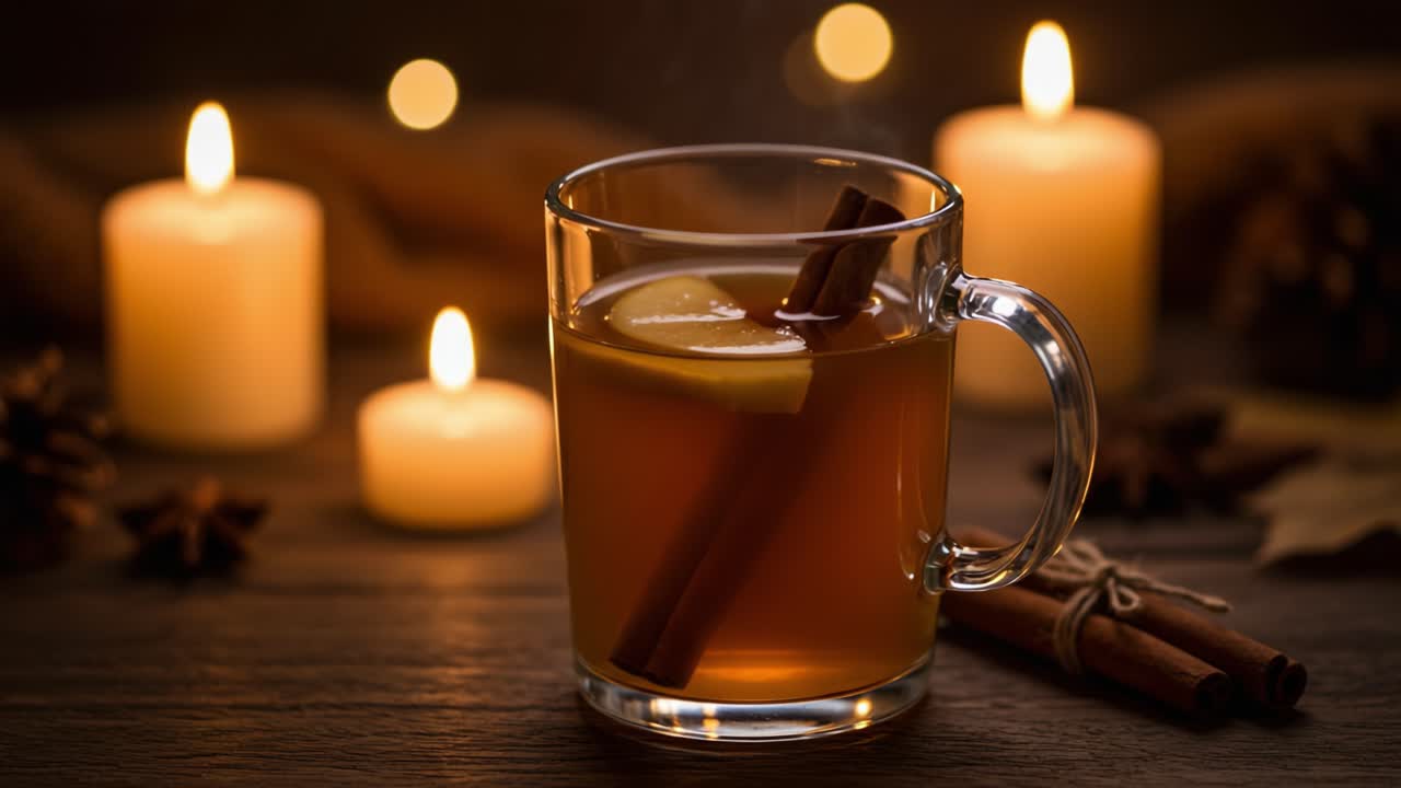 A Cozy Scene of Warm Beverage with Cinnamon and Lemon, Illuminated by Soft Candlelight, Perfect for Relaxation or Gathering with Friends on a Chilly Evening