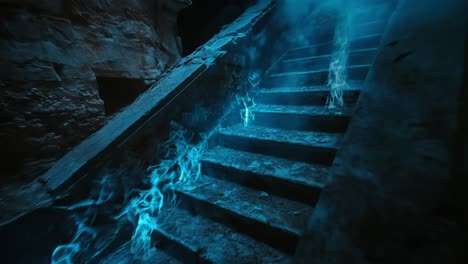 mysterious glowing stairs in an abandoned building