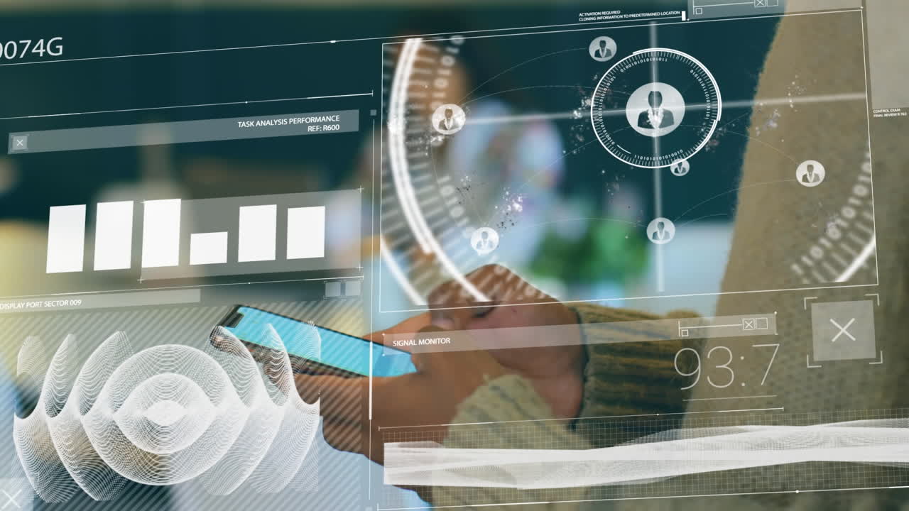 animación del procesamiento de datos financieros sobre un hombre afroamericano que usa un teléfono inteligente