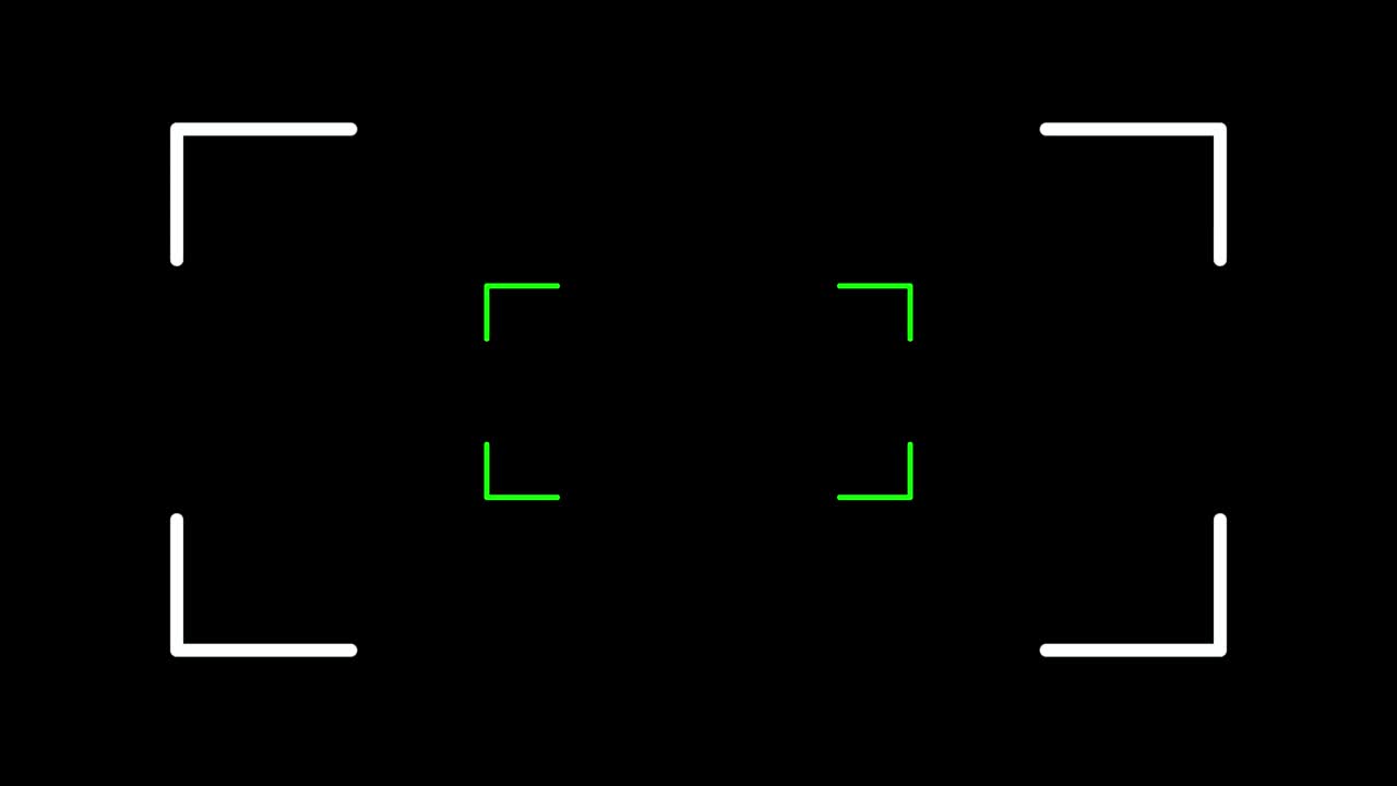 animación del visor de la cámara con marco cuadrado blanco y luz flash sobre fondo negro
