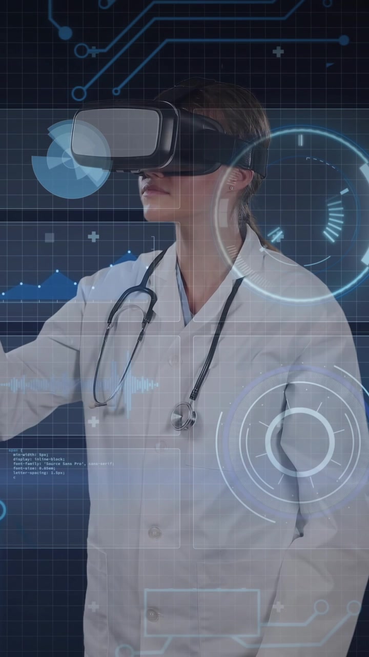Animación de médica caucásica con gafas de realidad virtual, procesamiento de datos científicos sobre fondo azul