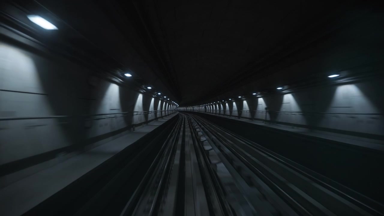 Vista POV di un treno della metropolitana che si muove attraverso una galleria buia