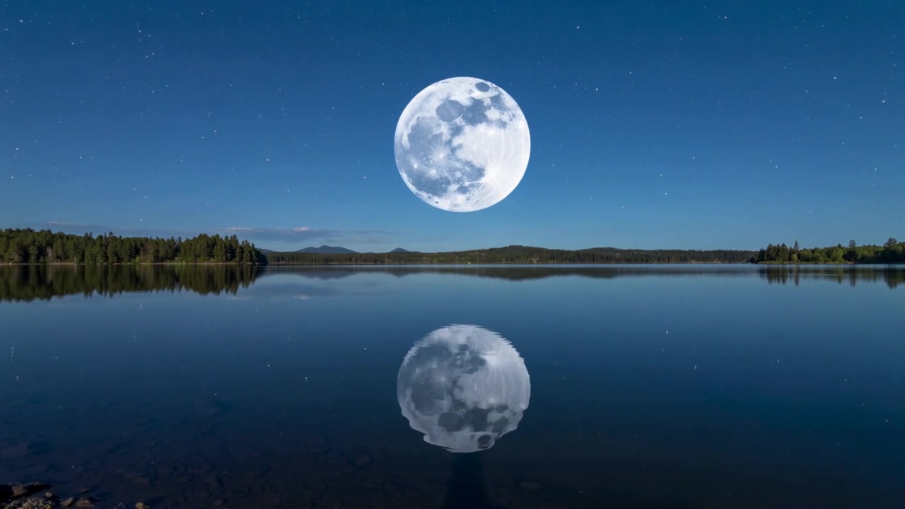 Hohtava täydenkuun heijastus värisee kevyestä tuulesta tyynellä järvellä yöllä, puurajainen ranta.
