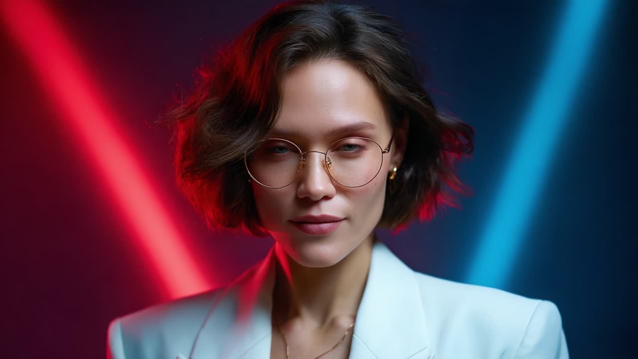 Striking Portrait of a Confident Woman in Stylish Attire Against Neon Backdrop, Featuring High-Contrast Lighting and a Bold Expression of Determination and Style