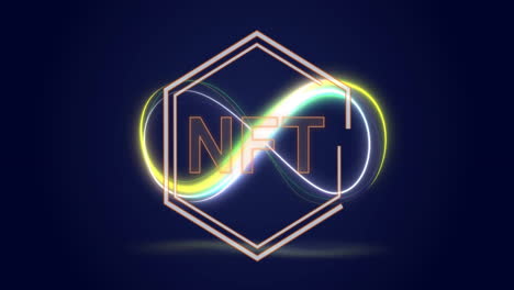 glowing neon loops inside hexagon creating nft text on dark background animation