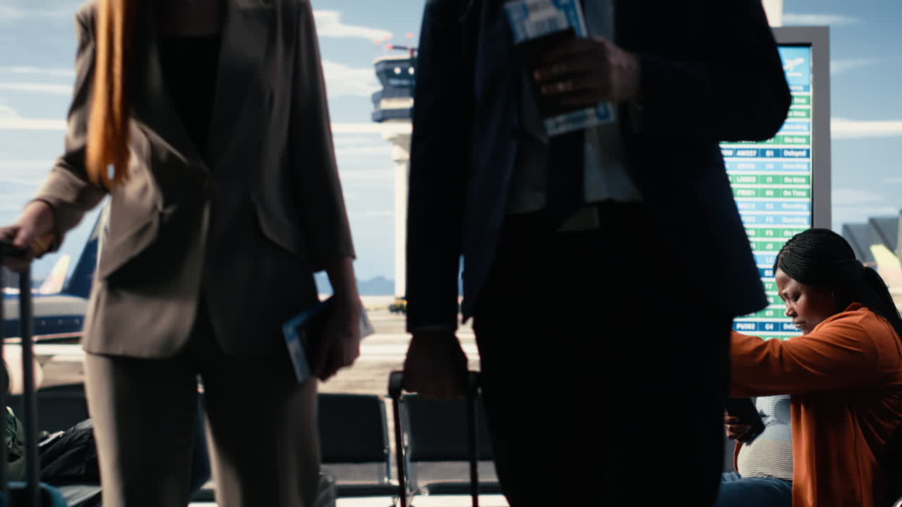 Business partners discuss potential deal in a busy airport terminal