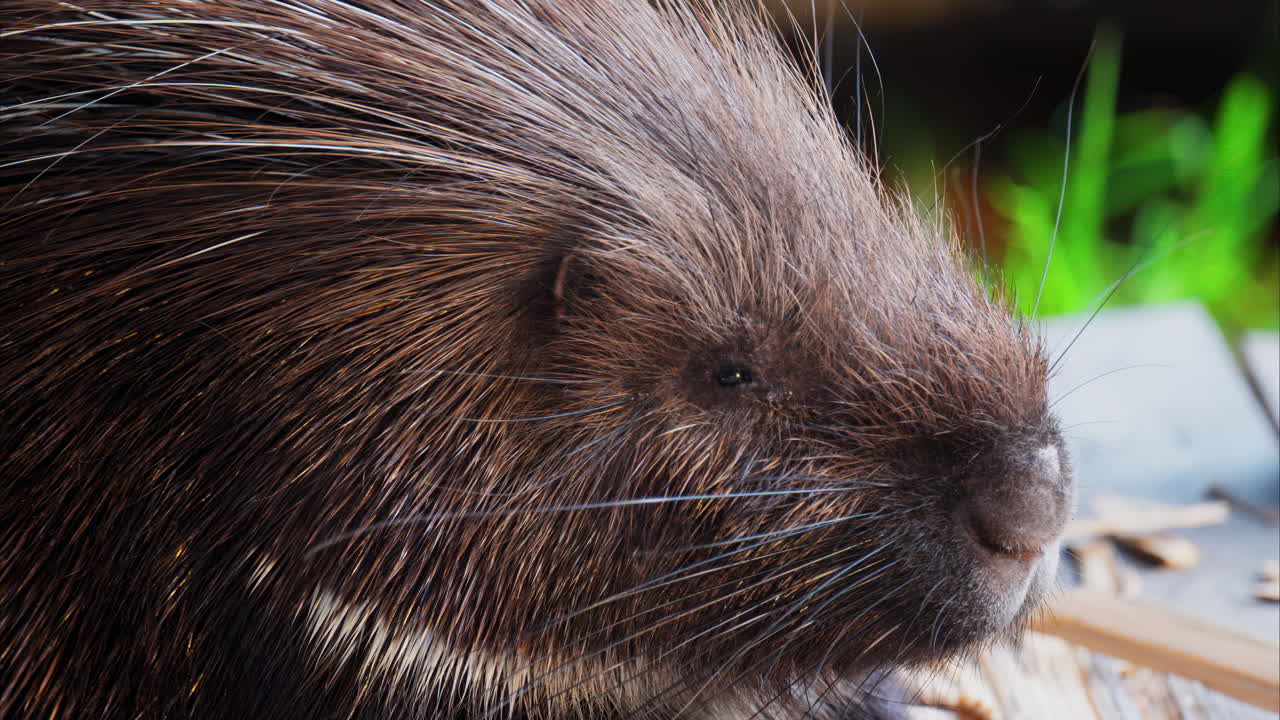 Close up of a porcupine sitting on a wooden platform at the zoo