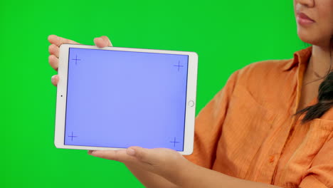 Green-screen,-woman-and-hands-on-tablet