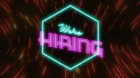 Animation-of-we're-hiring-neon-text-over-neon-pattern-on-dark-background