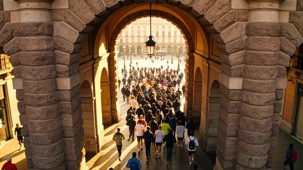 Folla che cammina, attraversando un arco di pietra e dirigendosi verso una piazza, orientata verso il sole, con zaini e in abbigliamento sportivo.